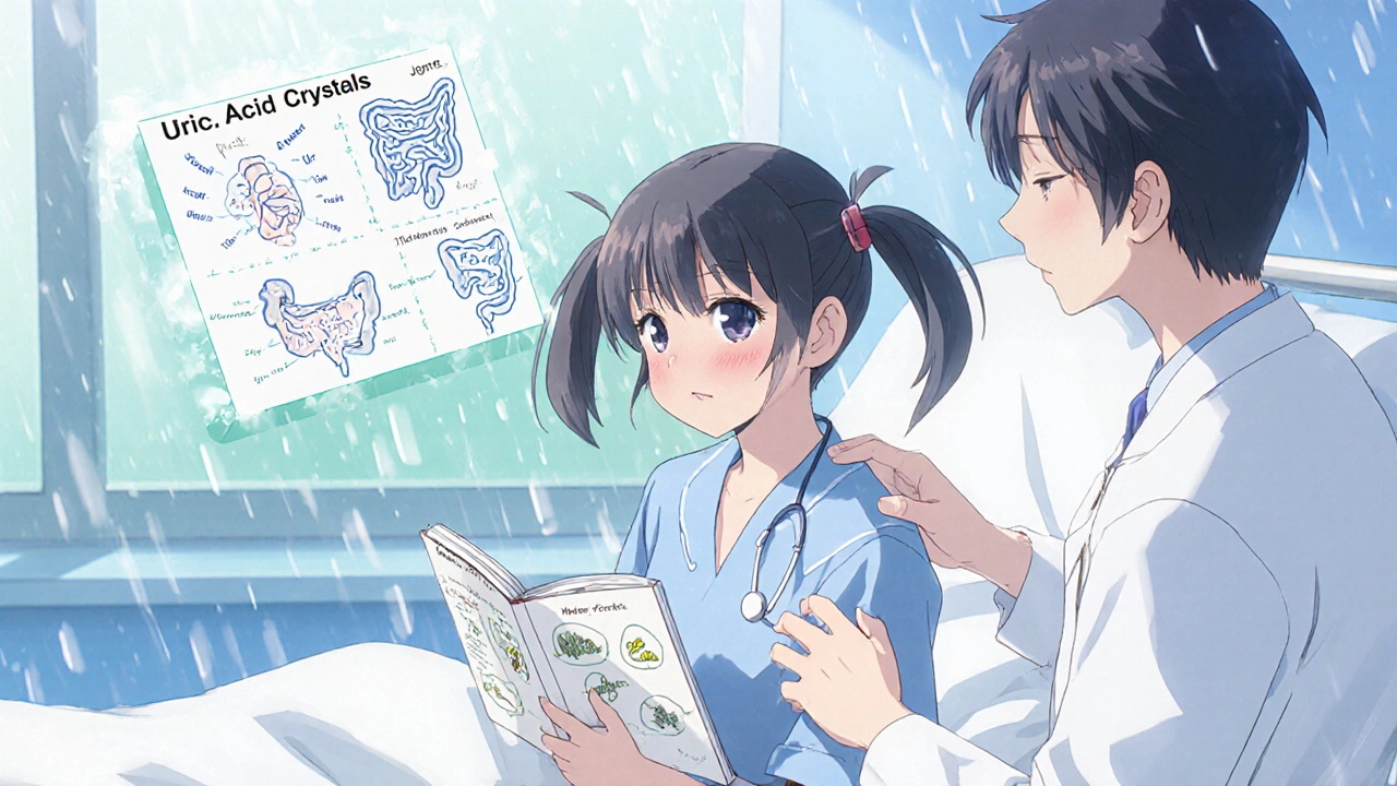 A teen in a hospital bed journaling symptoms while a doctor offers gentle support.