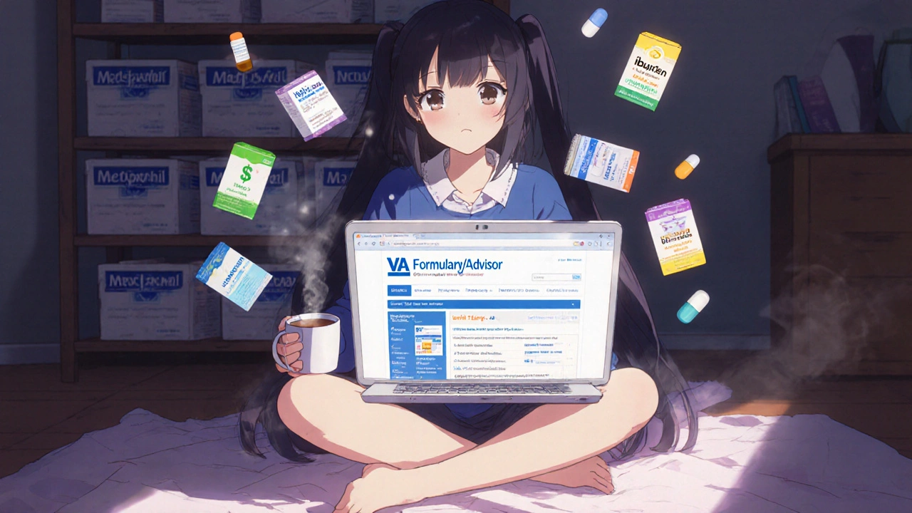 A veteran checks her medication coverage on a laptop, with floating pill icons and tea beside her at home.