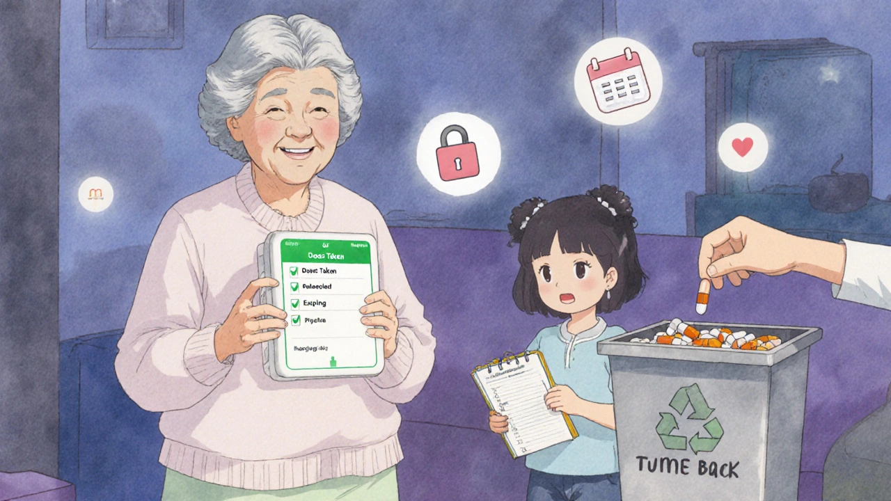 An elderly woman opens a smart lockbox as her grandchild checks a medication log.