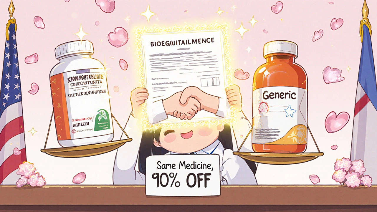 An FDA inspector celebrates as two cartoon drug bottles shake hands, with bioequivalence certificate glowing in a pastel courtroom.