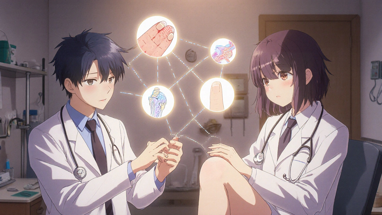 Dermatologist and rheumatologist examining a patient&#039;s nail and knee, with floating icons of skin, joint, and nail.