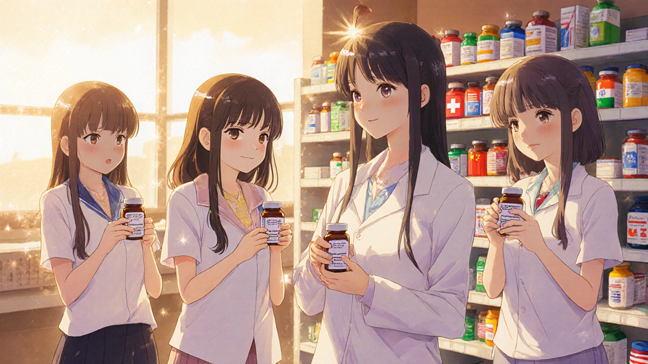 Diverse anime characters in a pharmacy examining generic medication bottles with manufacturer labels from different countries.