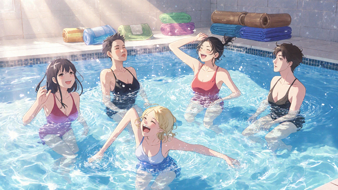 Diverse group of young people smiling and swimming together in a sunlit pool, water sparkling around them as they move freely.