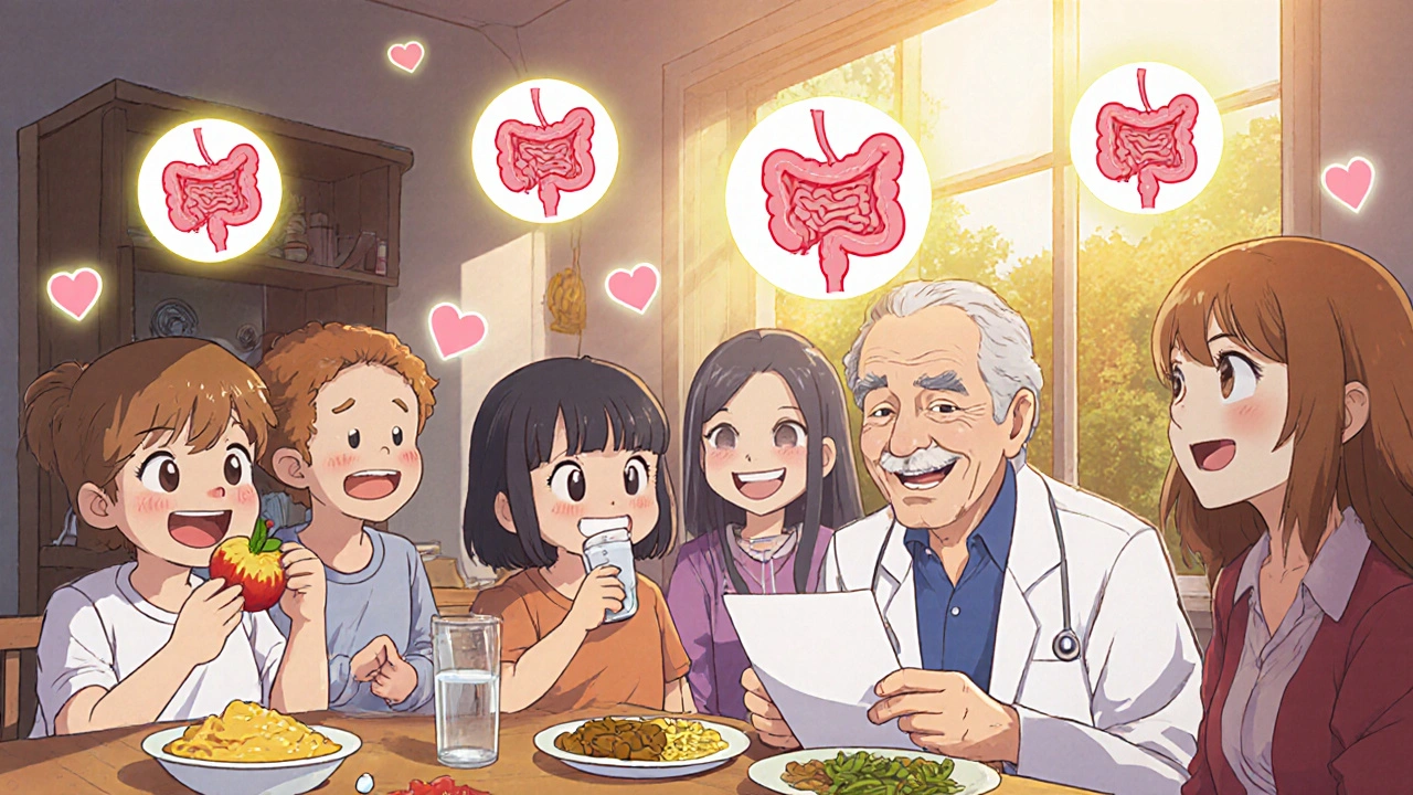Diverse people taking pancrelipase with meals, surrounded by happy digestive system icons.