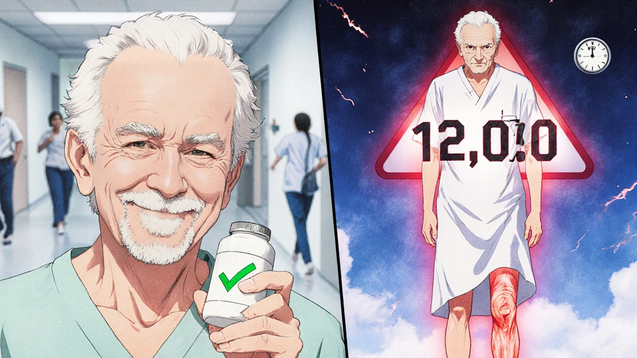 Elderly man with contrasting images of safe statin use and dangerous CK levels