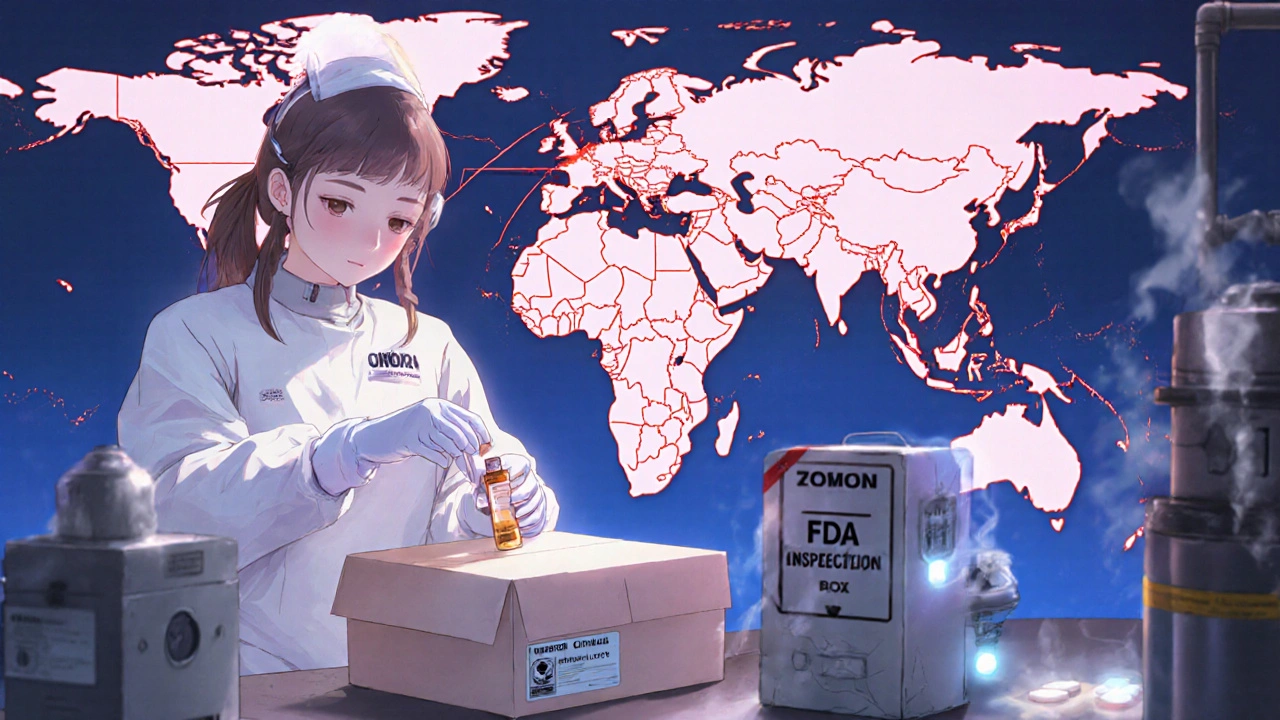 Factory worker in India placing medicine vials, global supply chains glowing faintly behind her.