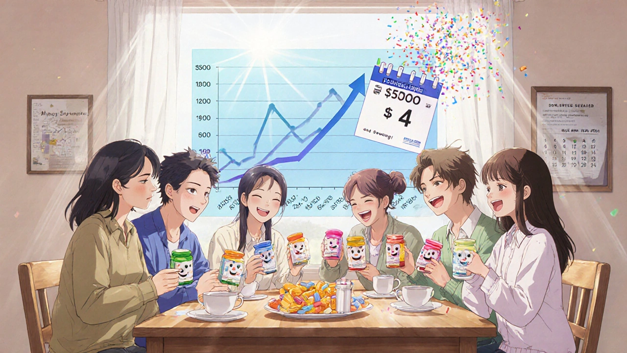 Friends laugh at a kitchen table with generic pill bottles, while a chart behind them shows prices plummeting from 0 to .