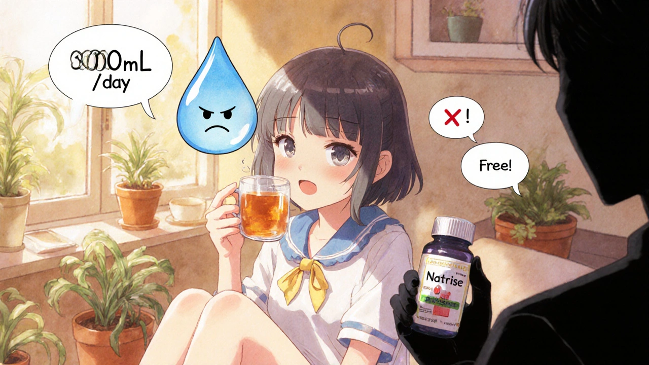 Girl drinking tea with water droplet above her, symbolizing fluid restriction.