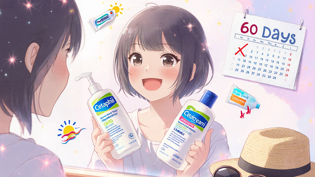 Girl smiling at mirror with three simple skincare products, clear skin, calendar showing 60 days healed.