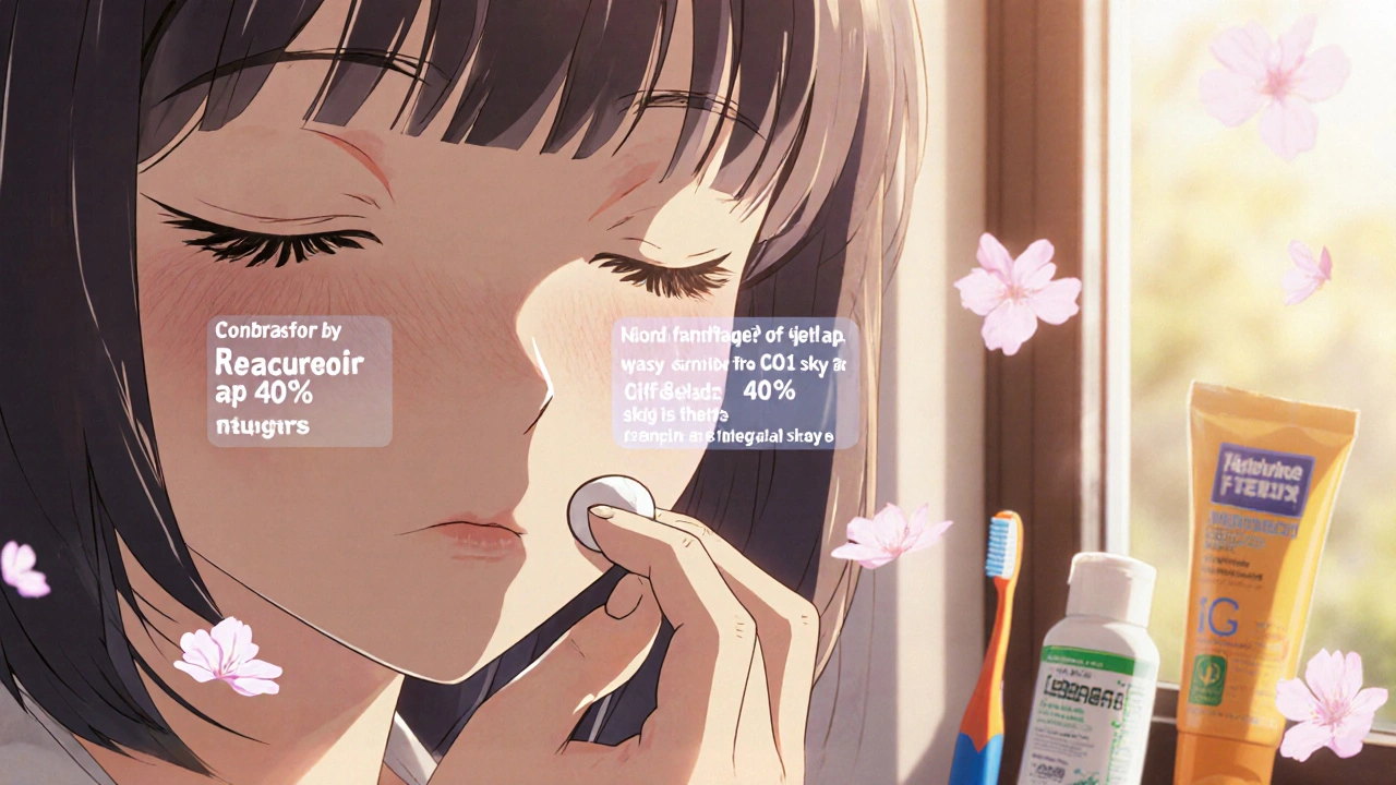 Hand applying lightweight moisturizer with glowing ingredient labels, warm light, cherry blossoms in background.