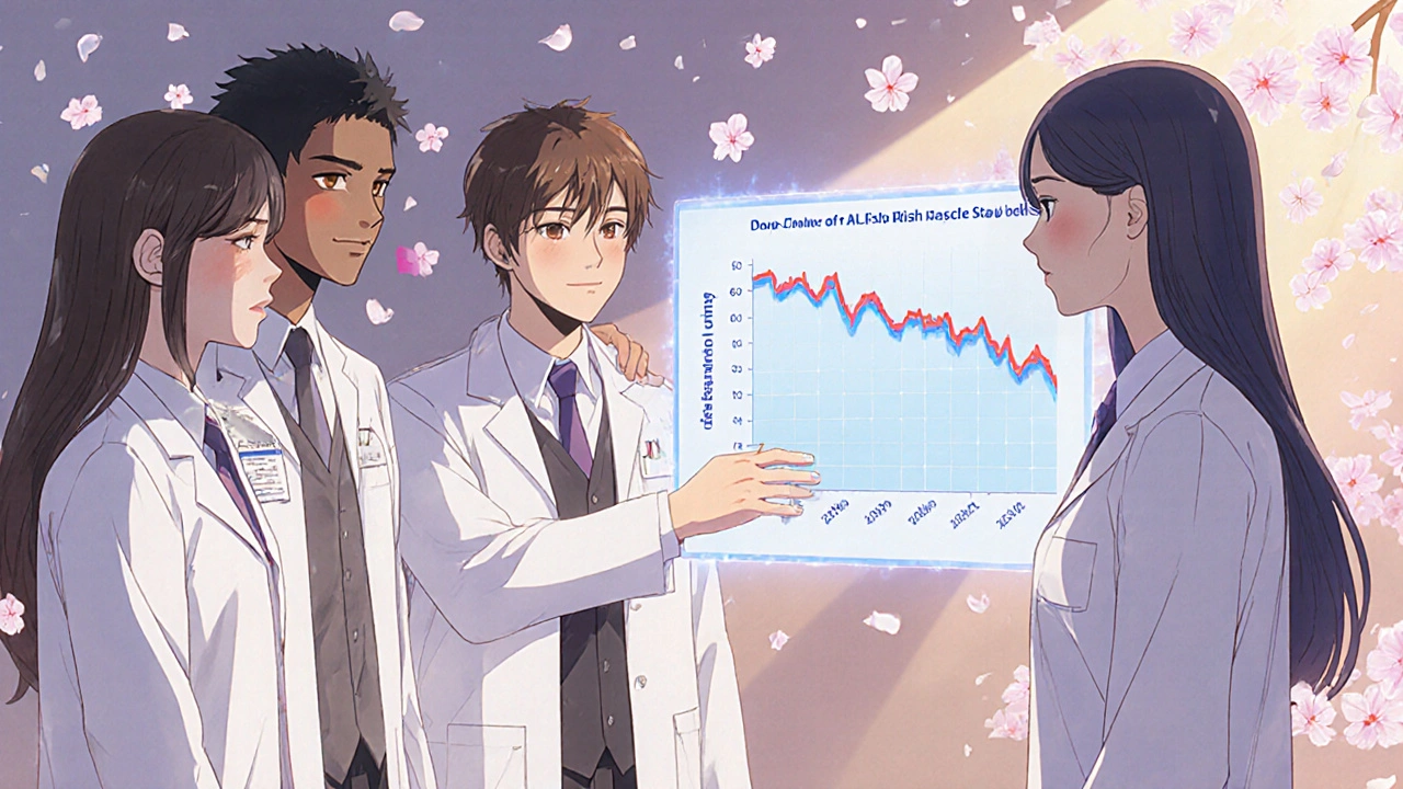Medical professionals smile beside a hologram showing reduced ALS risk with statin use, a patient looks reassured.