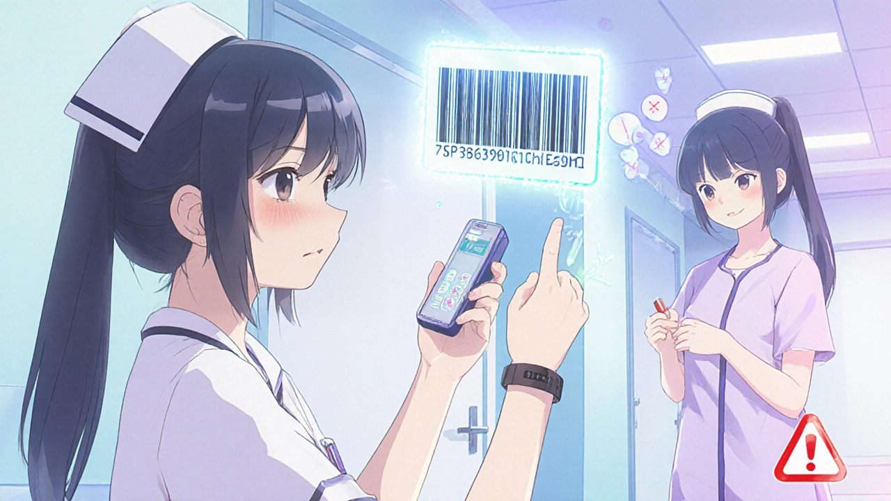 Nurse scanning wristband in hospital, another nurse mistakenly scanning multiple pills.