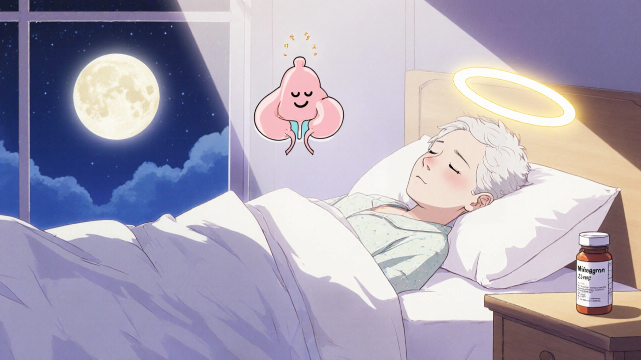 Older man sleeping peacefully at night, glowing bladder beside him, pill bottle on nightstand.