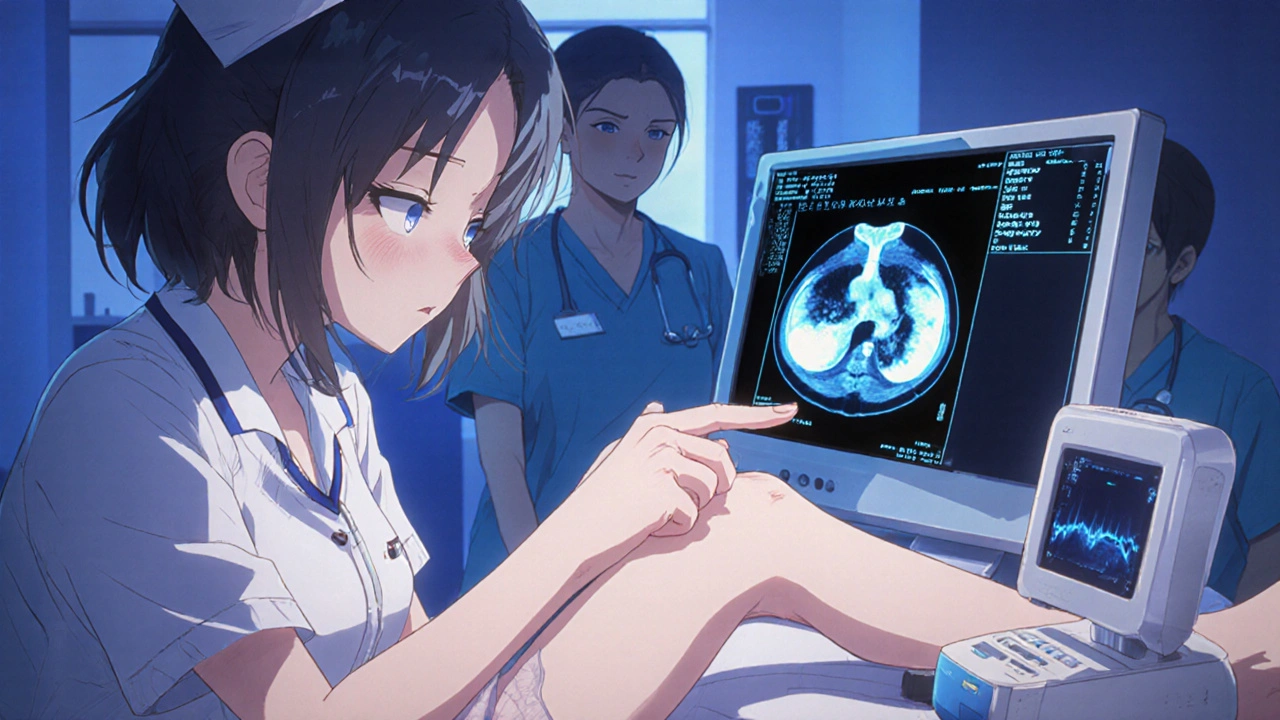 Patient in ER watching CT scan showing lung clot, nurse offering comfort.