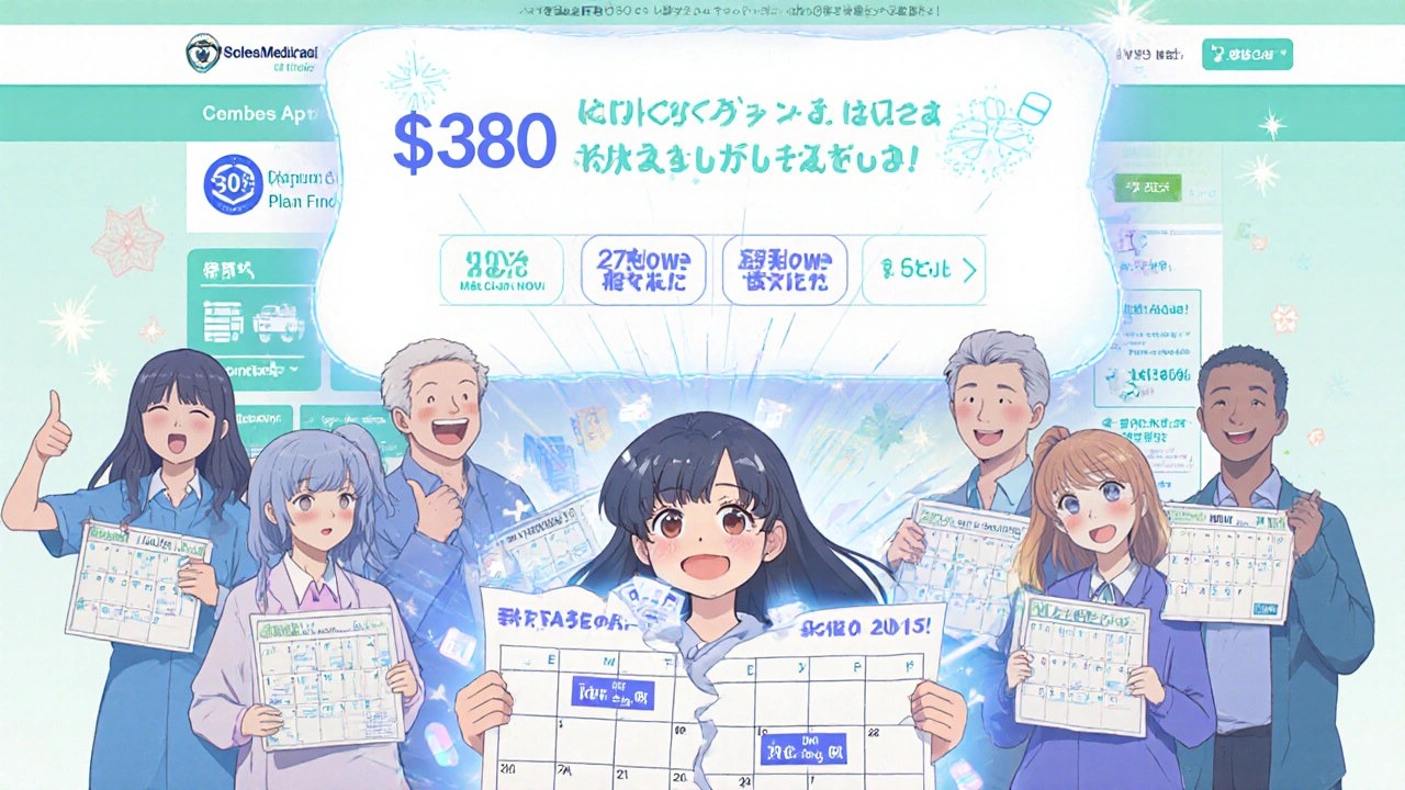 Patients celebrating after switching to cheaper individual pills, 0 savings banner, colorful medication calendars.