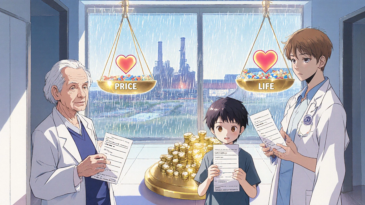 Patients holding fading prescriptions as a scale tilts between price and life, rain on window.