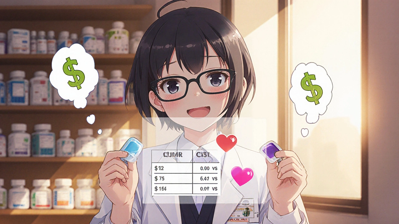 Pharmacist comparing two generic pills with one combo pill, floating cost chart, warm lighting, friendly smile.