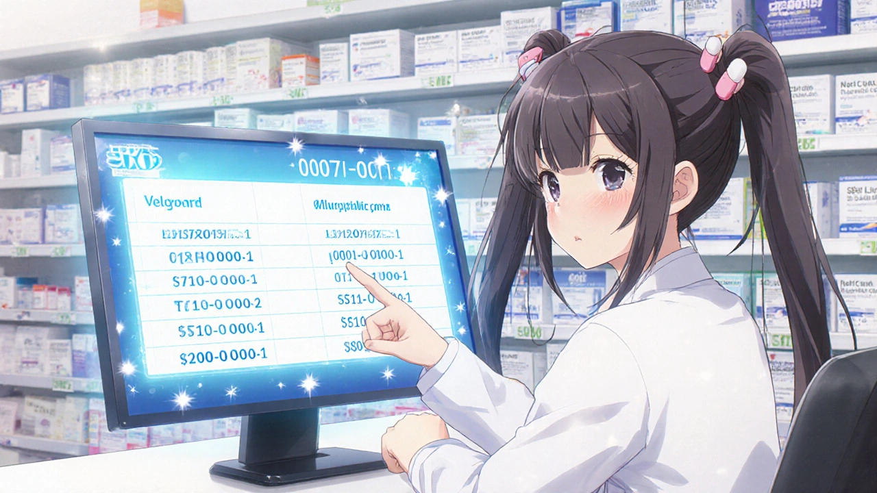 Pharmacist showing NDC code comparison on a screen, highlighting matching product codes.