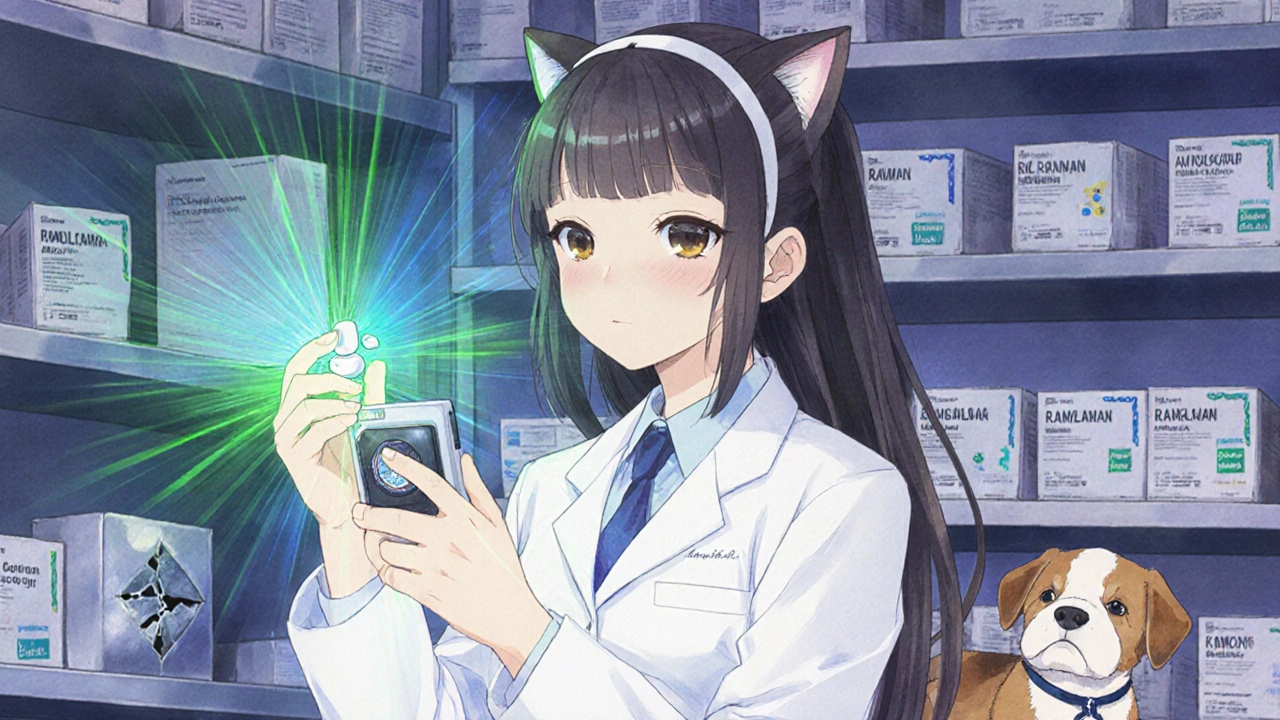 Pharmacist using handheld spectrometer to verify a pill, spectral waves glowing green and blue.