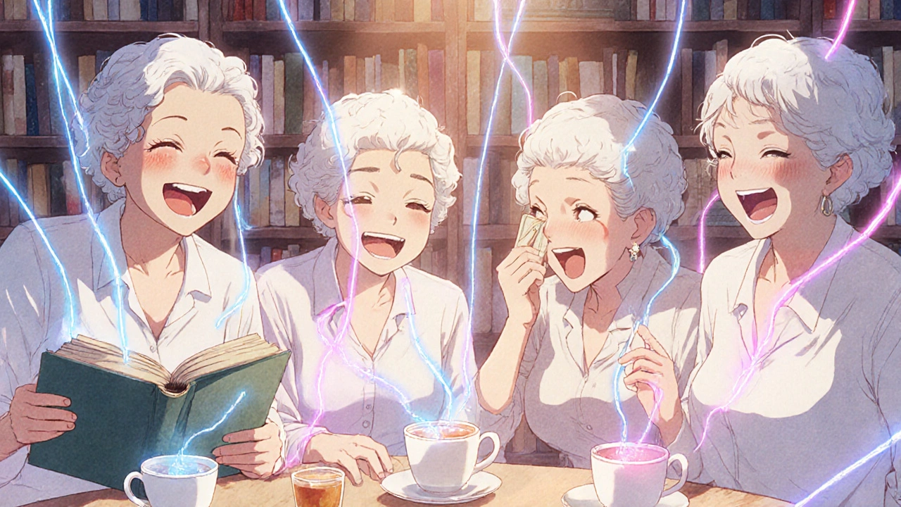 Senior friends laughing at a book club, soft energy lines showing calm bladder function.