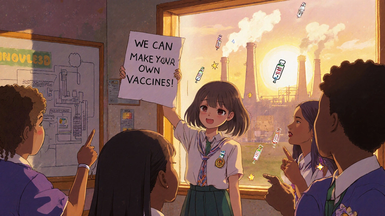 Students in a colorful African classroom point at a vaccine factory diagram, hopeful expressions, glowing lab visible through the window.