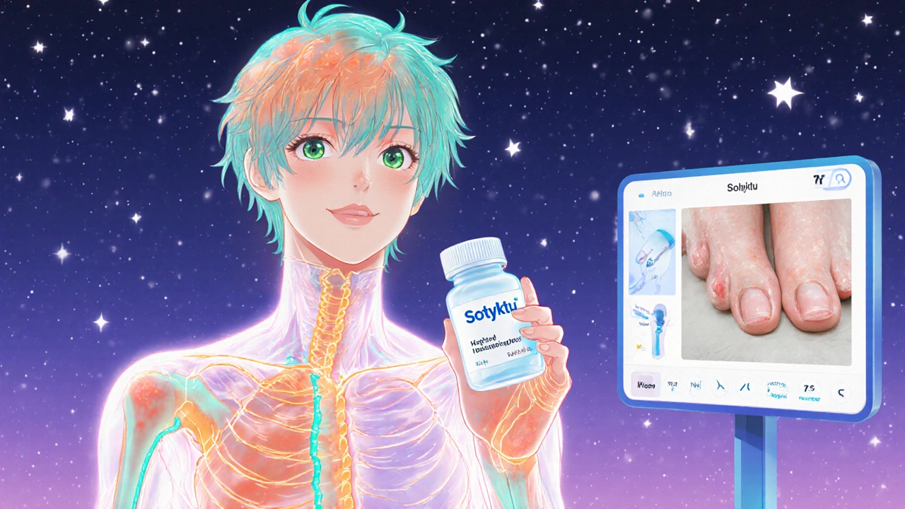 Translucent human figure with glowing inflammation pathways from skin to joints, holding a pill bottle under starry sky.