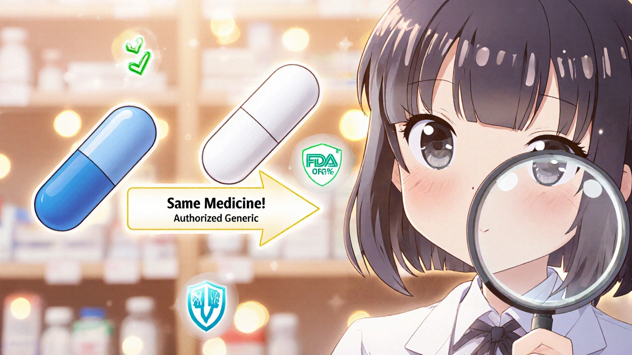 Two pills side by side with glowing arrow showing they are the same medicine despite different shapes.