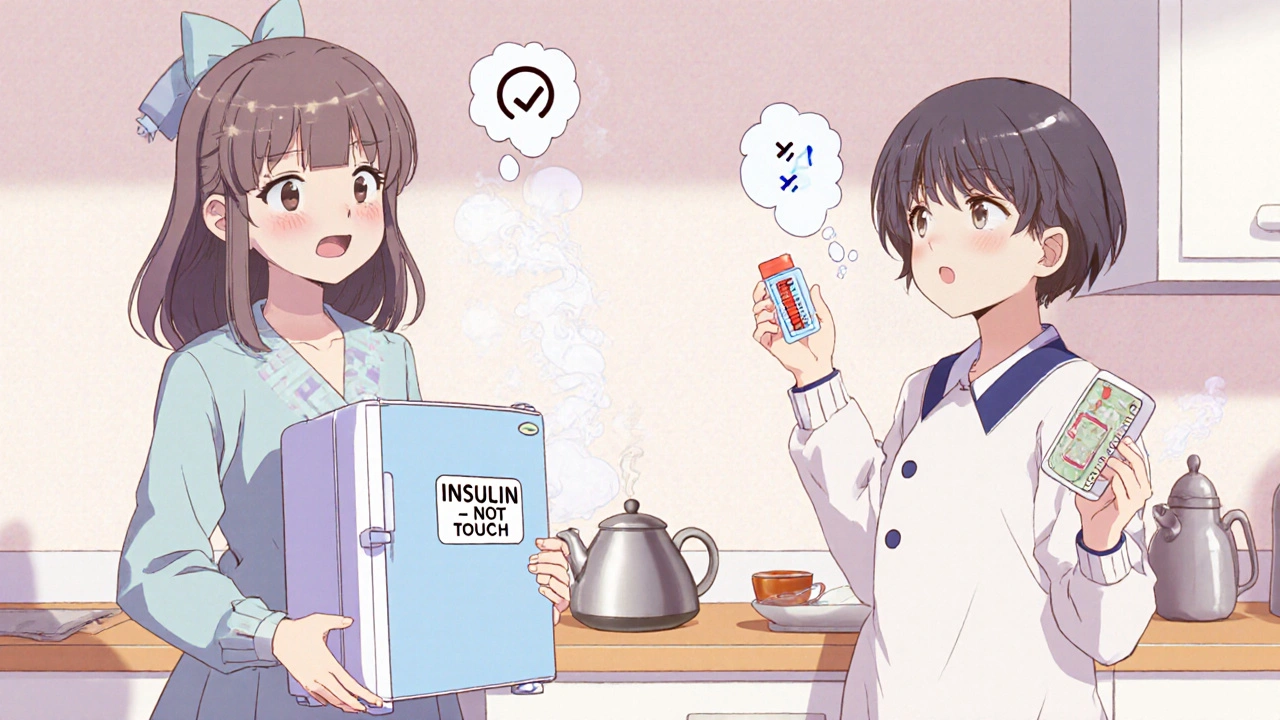 Two roommates use a labeled mini-fridge for insulin on a shared kitchen shelf.