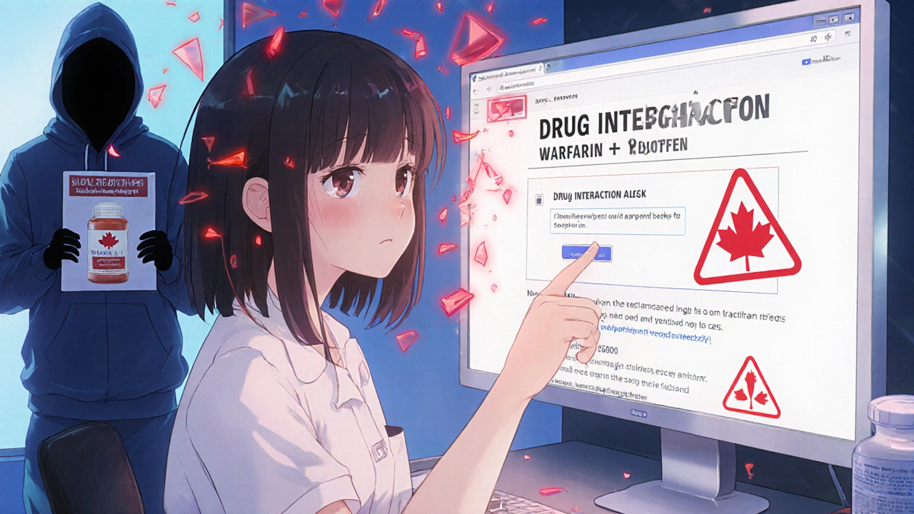 Woman ignoring drug interaction alert while fake online pharmacy looms in shadows.