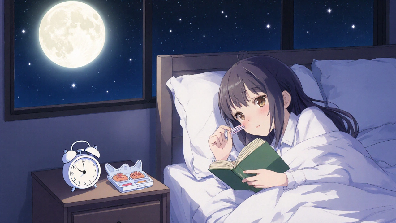 Woman taking thyroid medication at bedtime with moonlight through window.