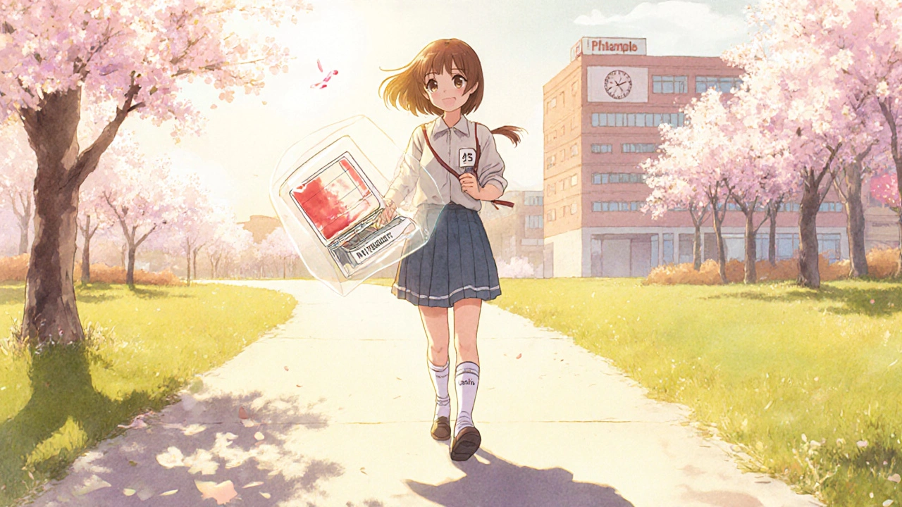 Woman walking in park recovering from PE, wearing compression socks and holding medication.