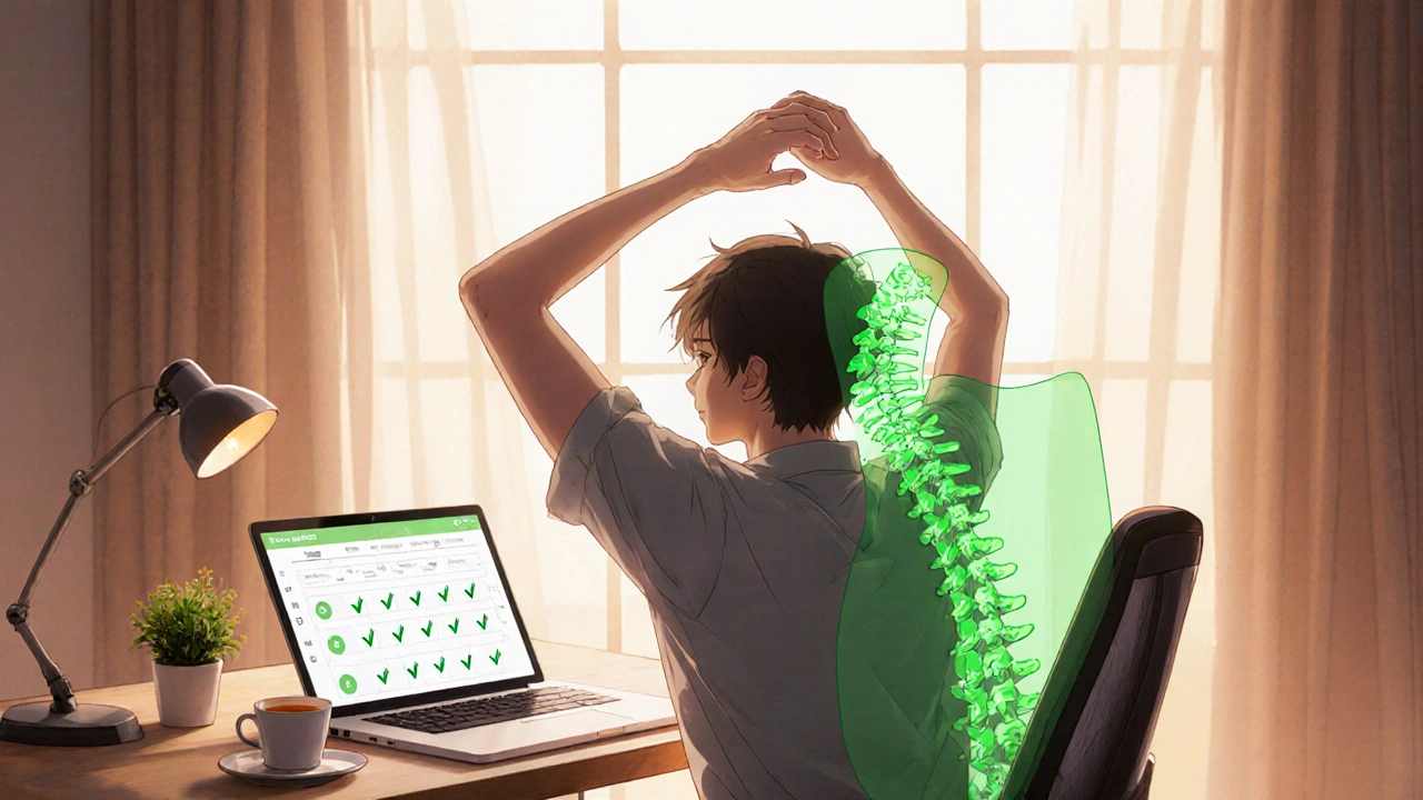 Young man sitting upright at a desk with lumbar support, stretching with a peaceful look, digital tracker visible on the screen.