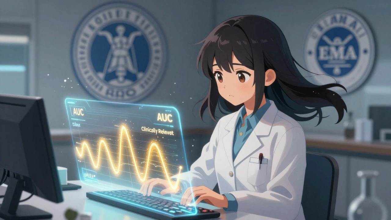 A bio-statistician works with floating AUC curves, the pAUC curve glowing gold as regulatory emblems hover nearby.