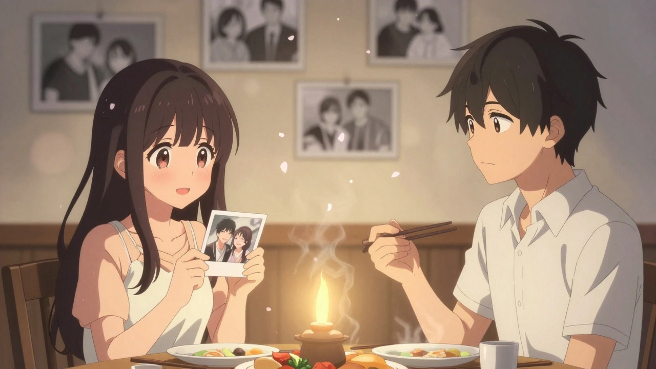 A couple at dinner: one smiles warmly, the other stares blankly, emotionally disconnected.