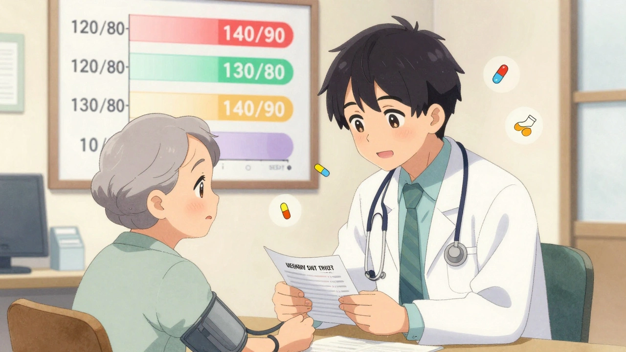 A doctor and elderly patient discussing blood pressure targets in a warm clinic with floating health symbols.
