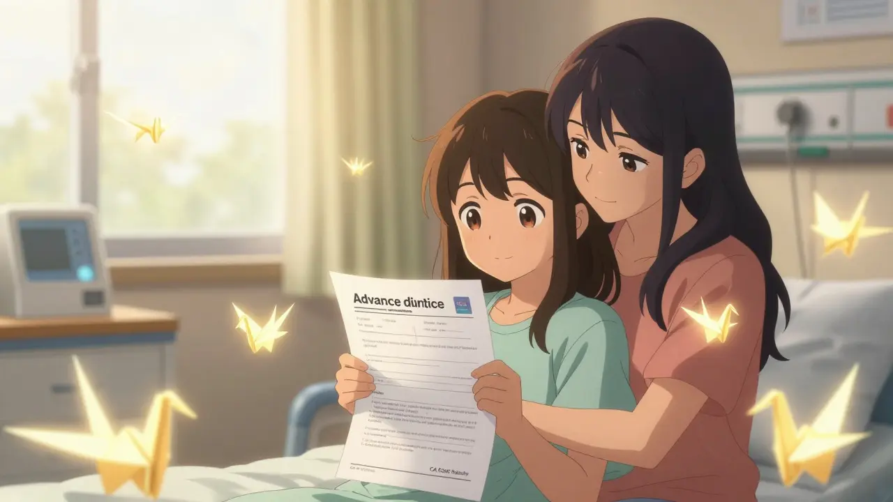 A girl and her mother holding an advance directive form with glowing cranes.