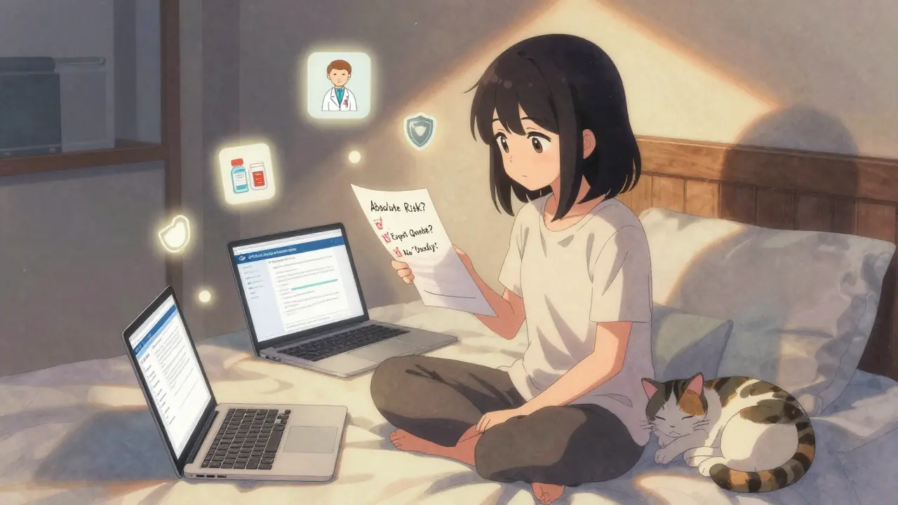 A girl checks medication safety facts on her laptop with a handwritten checklist and sleeping cat.