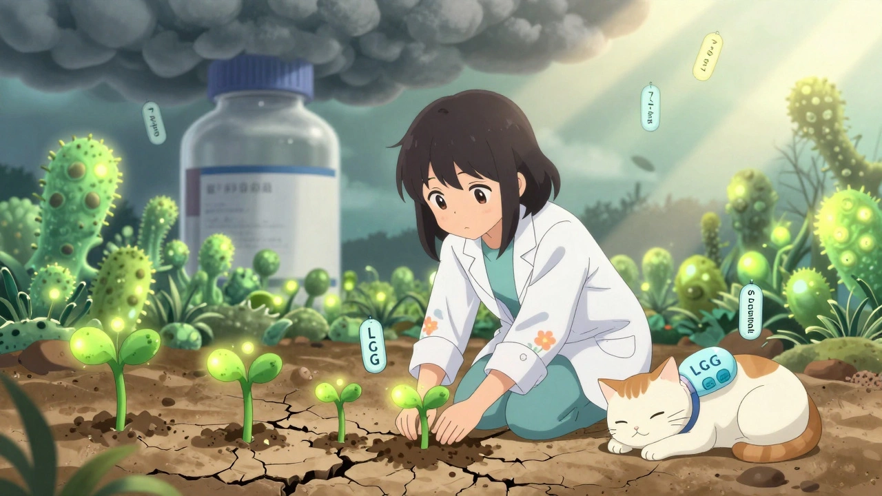 A girl planting probiotic seedlings in a damaged gut, with sunlight breaking through after two hours.