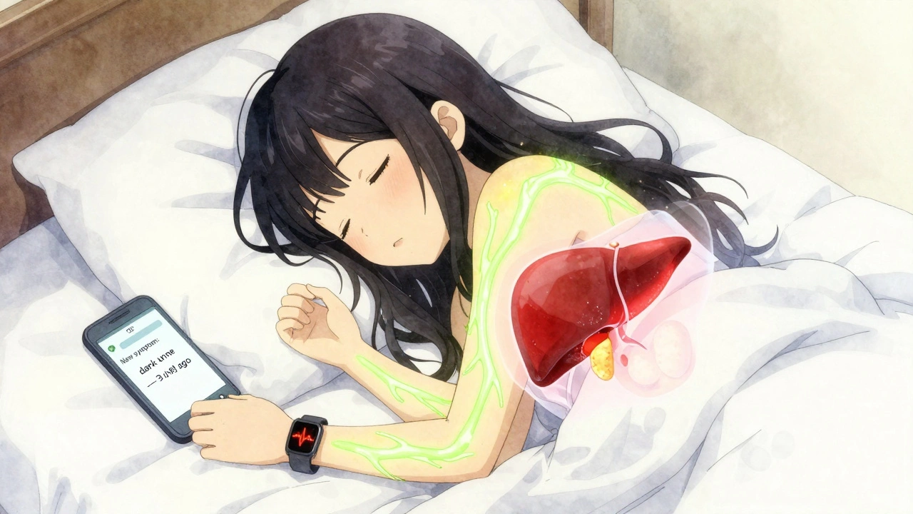 A girl sleeps as her skin turns yellow, with floating red organs and a phone notification about dark urine.