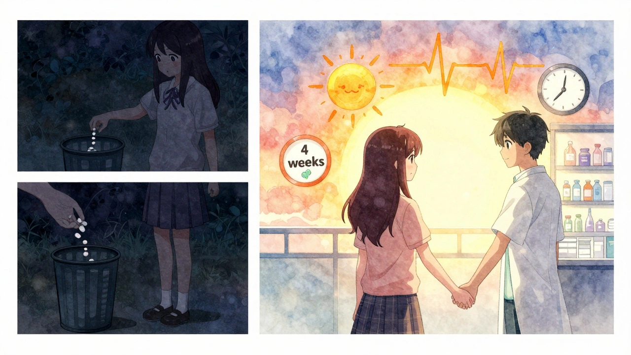 A girl transitions from dropping pills in darkness to holding hands with a pharmacist under a sunrise, symbolizing hope and support.