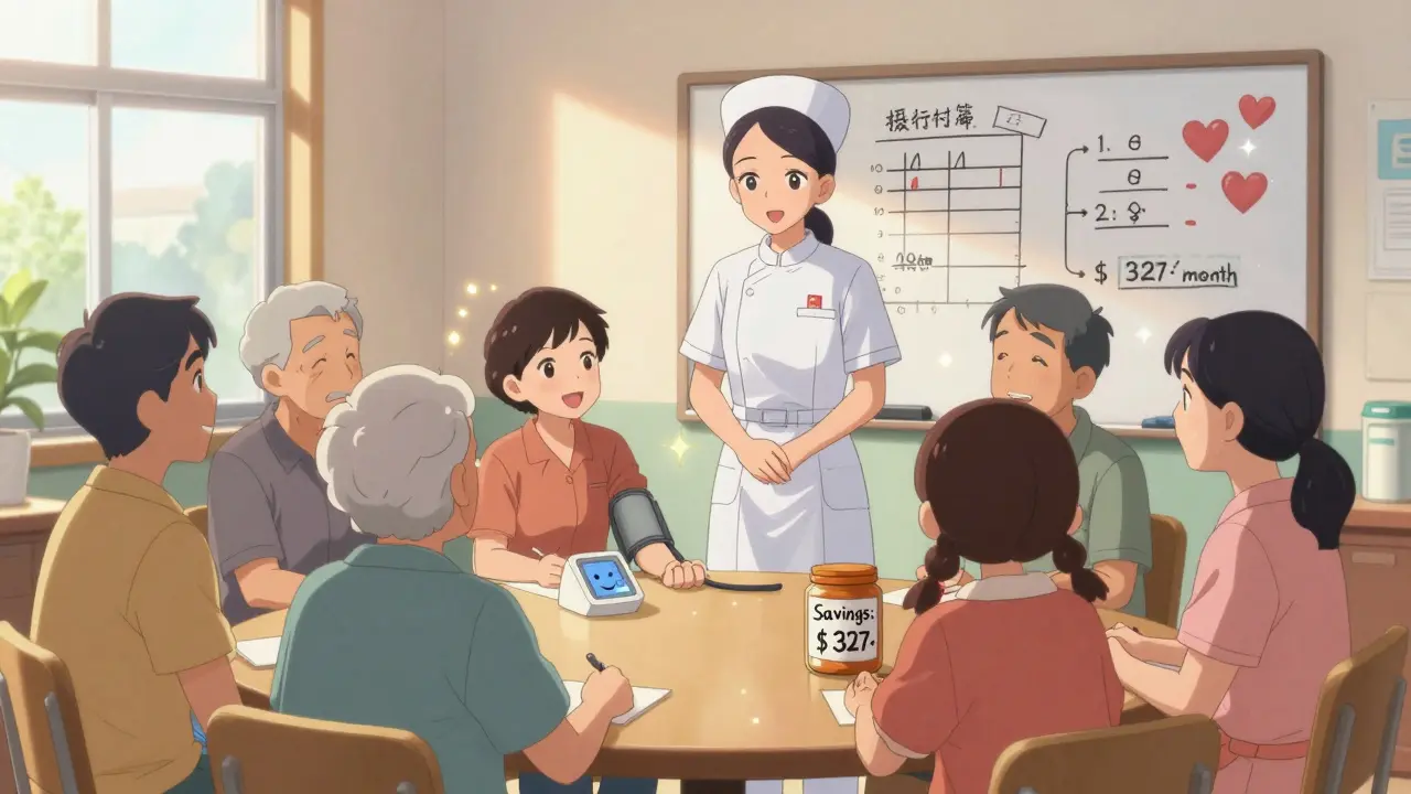 A nurse guides a diverse group of patients sharing stories about switching to generic medications in a cozy community center.