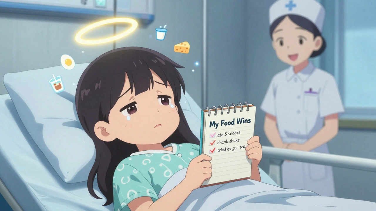 A patient in hospital bed tracking meals in a notebook, with glowing protein symbols above her, calm and determined.