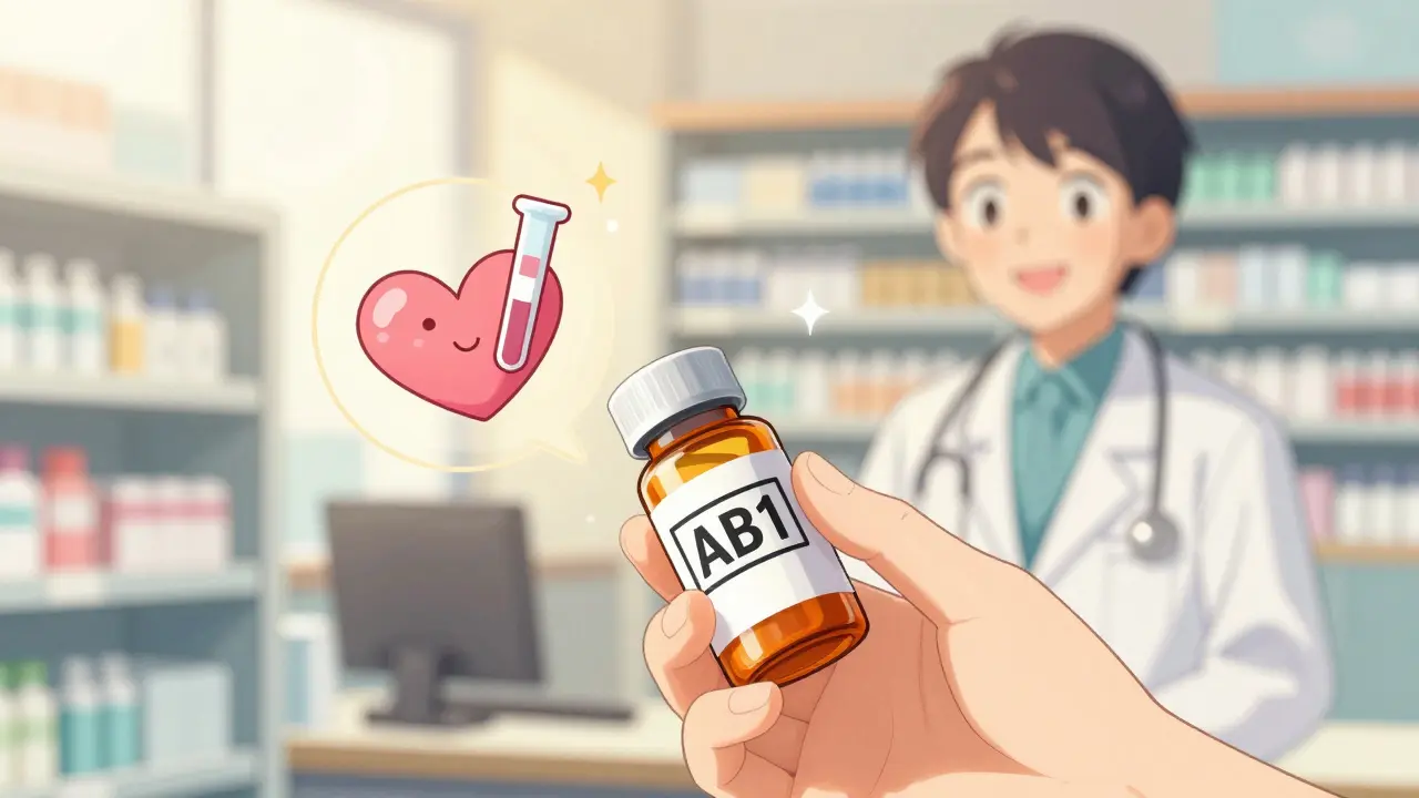 A patient receives a prescription bottle with an AB1 stamp and a floating bioequivalence test tube.