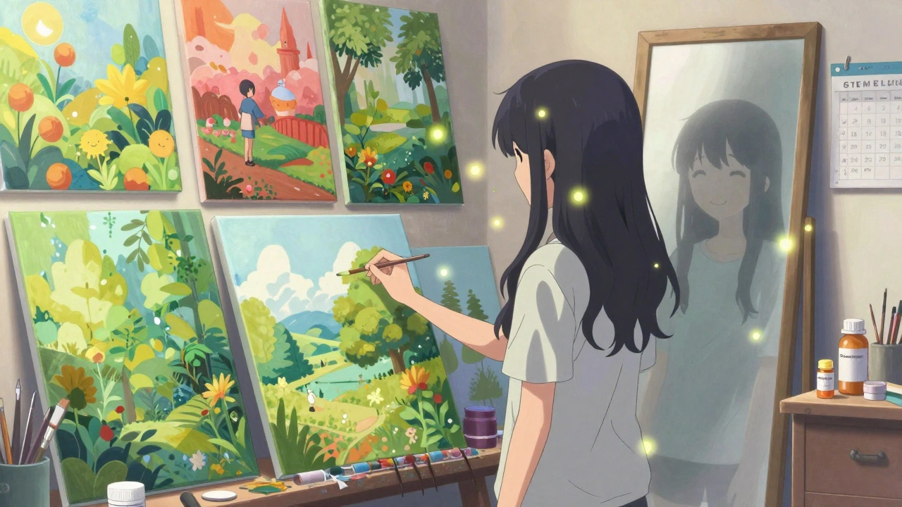 A person hovers over paintbrushes in a colorful studio, their reflection hollow and ghostly.