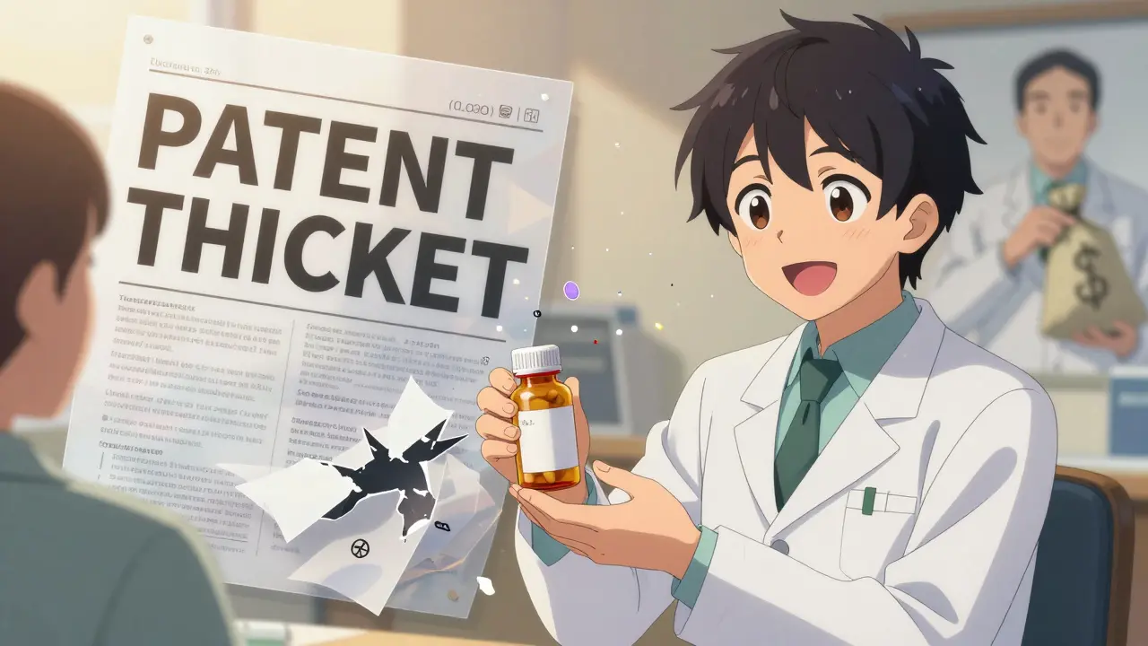 A pharmacist giving a generic pill to a patient as legal barriers crumble into confetti behind them.