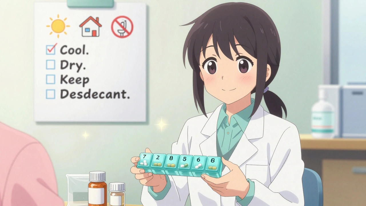 A pharmacist handing a pill organizer to a patient, original bottle with desiccant nearby.