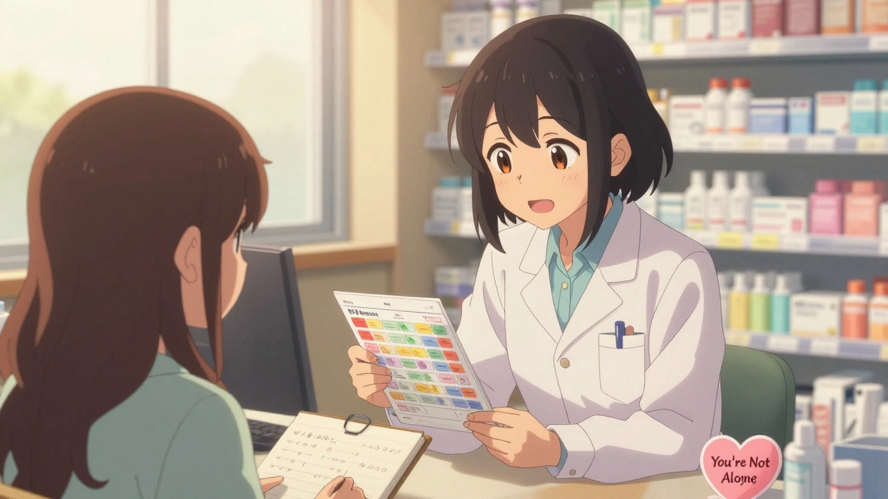 A pharmacist speaks gently to a patient in a cozy pharmacy, holding a colorful medication chart under warm sunlight.