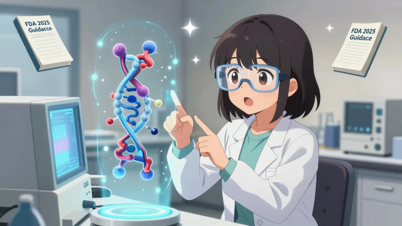 A scientist excitedly points at a glowing holographic protein model in a high-tech lab filled with analytical tools.
