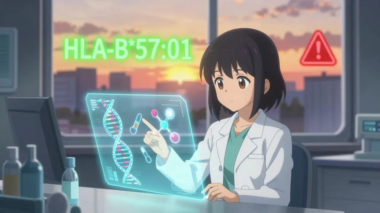 A scientist views a holographic gene marker and AI drug model in a futuristic lab with golden sunset light.