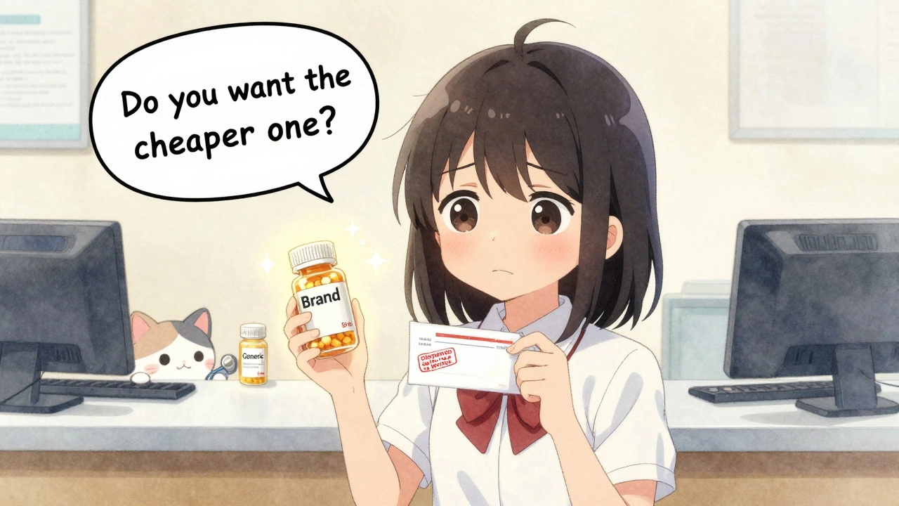 A student holds a prescription with &#039;Dispense as Written&#039; while a pharmacist offers brand and generic pill bottles in a soft, glowing anime scene.